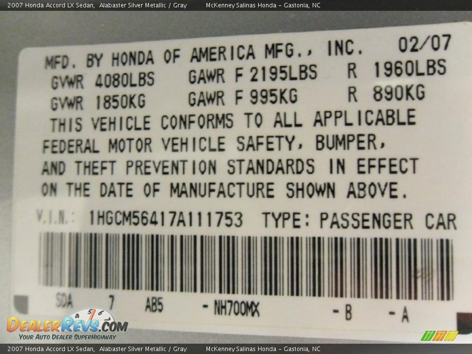2007 Honda Accord LX Sedan Alabaster Silver Metallic / Gray Photo #7