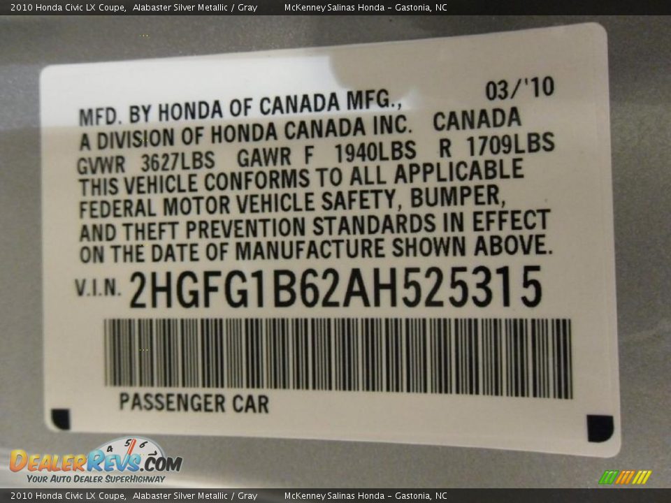2010 Honda Civic LX Coupe Alabaster Silver Metallic / Gray Photo #8