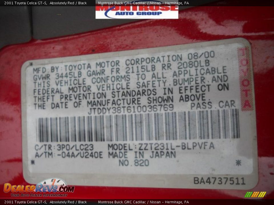 2001 Toyota Celica GT-S Absolutely Red / Black Photo #11