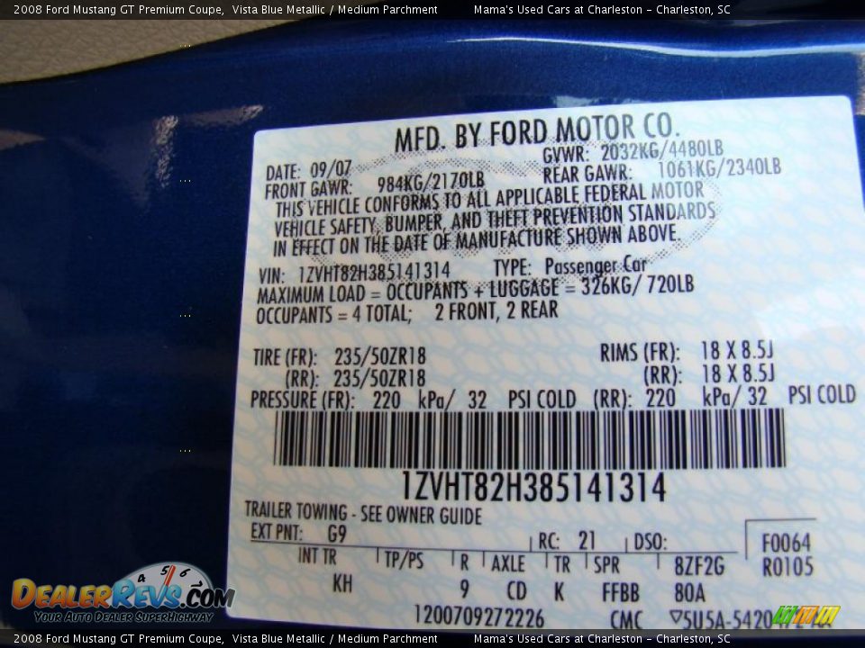2008 Ford Mustang GT Premium Coupe Vista Blue Metallic / Medium Parchment Photo #26
