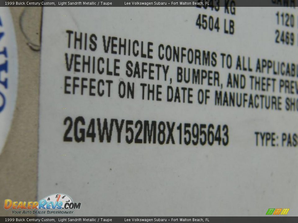 1999 Buick Century Custom Light Sandrift Metallic / Taupe Photo #28