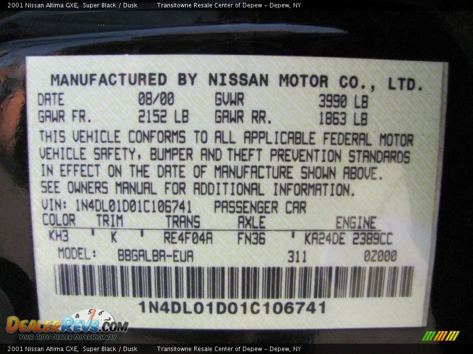 2001 Nissan Altima GXE Super Black / Dusk Photo #21