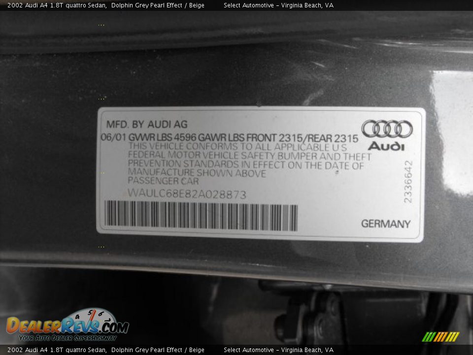 2002 Audi A4 1.8T quattro Sedan Dolphin Grey Pearl Effect / Beige Photo #17