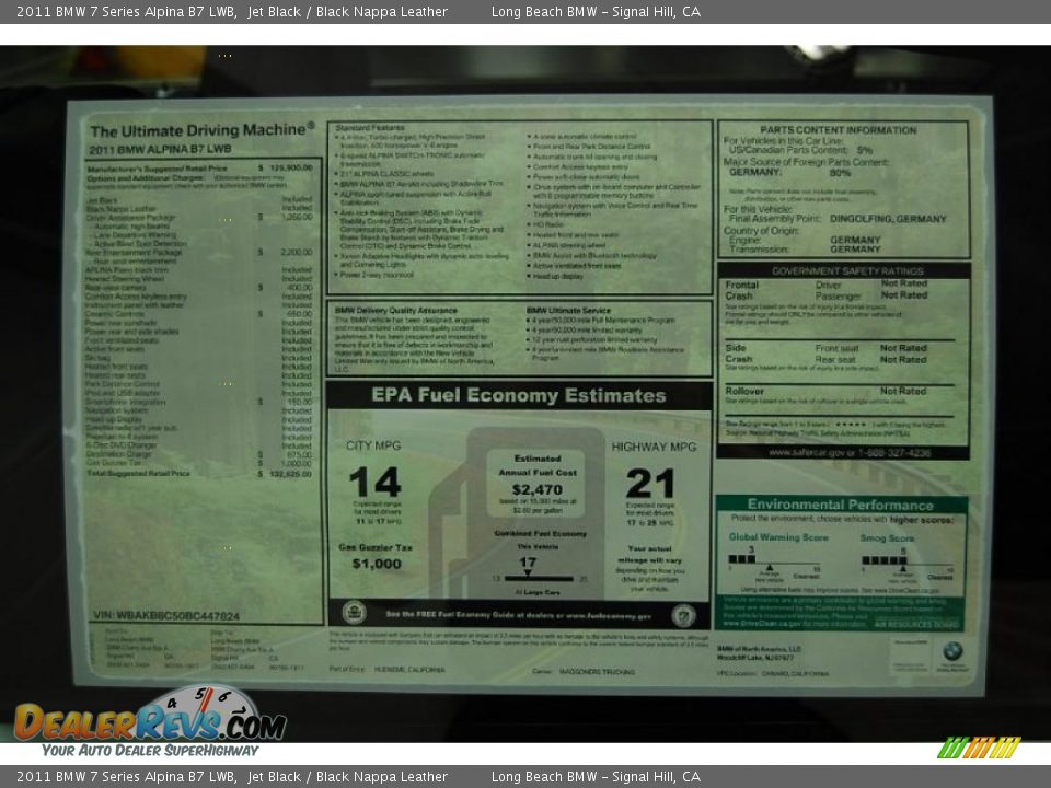 2011 BMW 7 Series Alpina B7 LWB Window Sticker Photo #8