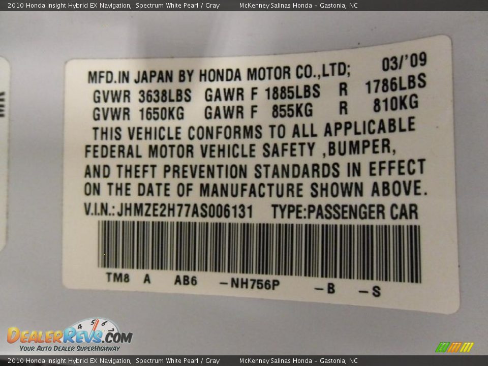 2010 Honda Insight Hybrid EX Navigation Spectrum White Pearl / Gray Photo #7