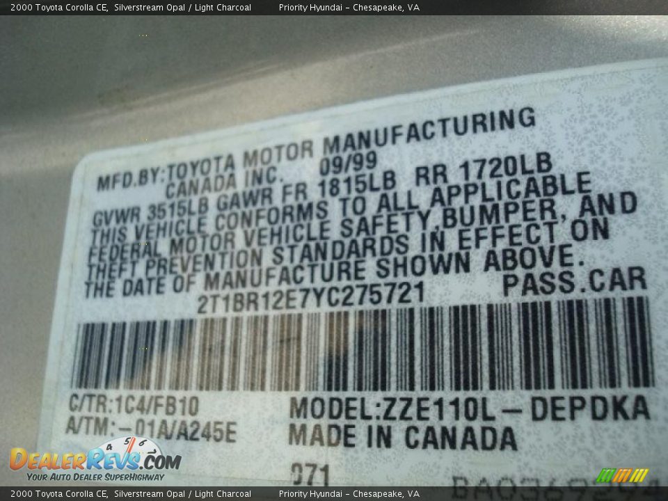 2000 Toyota Corolla CE Silverstream Opal / Light Charcoal Photo #18