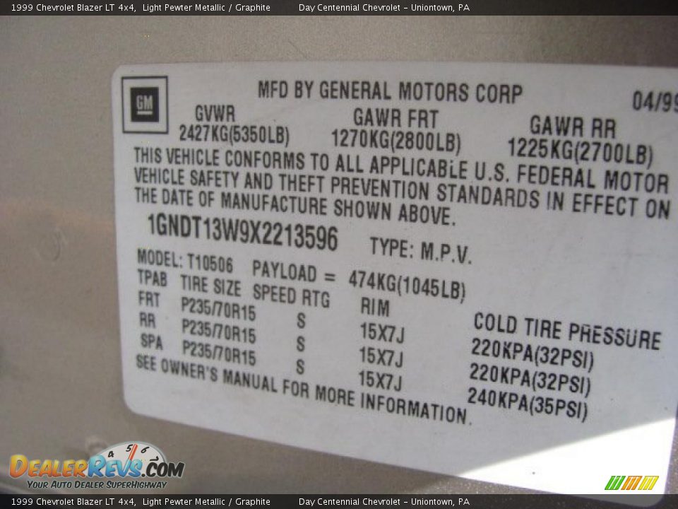 1999 Chevrolet Blazer LT 4x4 Light Pewter Metallic / Graphite Photo #15