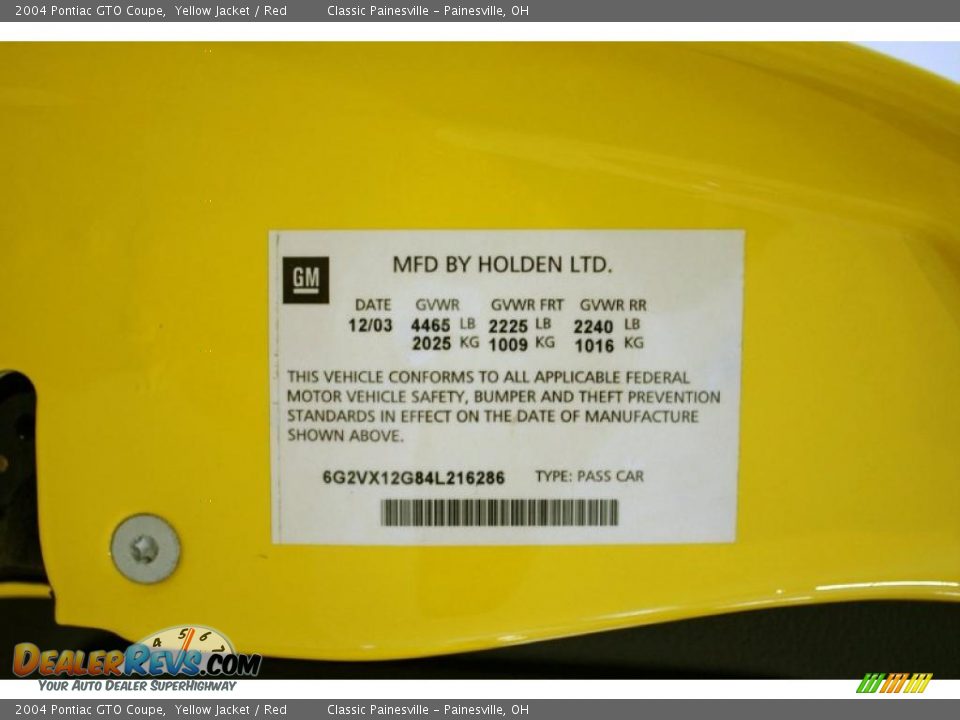 2004 Pontiac GTO Coupe Yellow Jacket / Red Photo #25