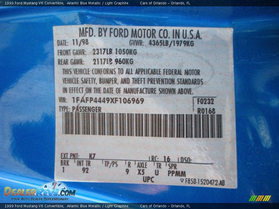 1999 Ford Mustang V6 Convertible Atlantic Blue Metallic / Light Graphite Photo #26