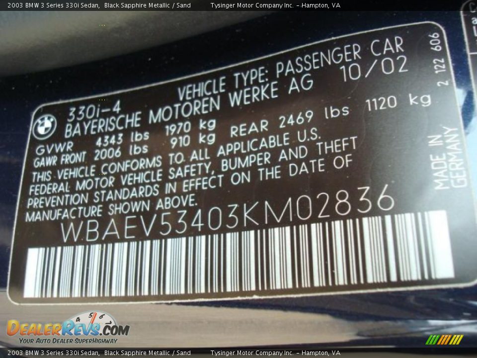 2003 BMW 3 Series 330i Sedan Black Sapphire Metallic / Sand Photo #25