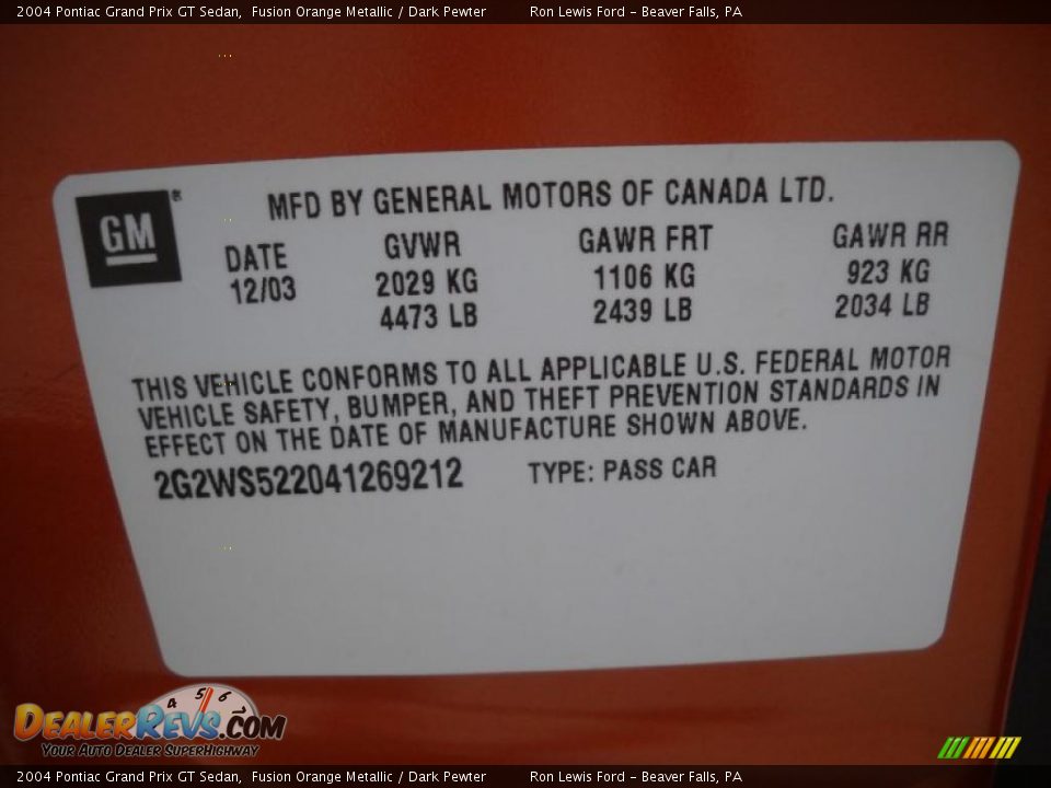 2004 Pontiac Grand Prix GT Sedan Fusion Orange Metallic / Dark Pewter Photo #9