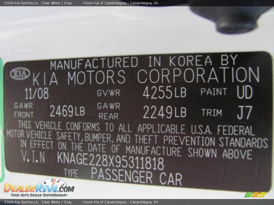 2009 Kia Optima LX Clear White / Gray Photo #16