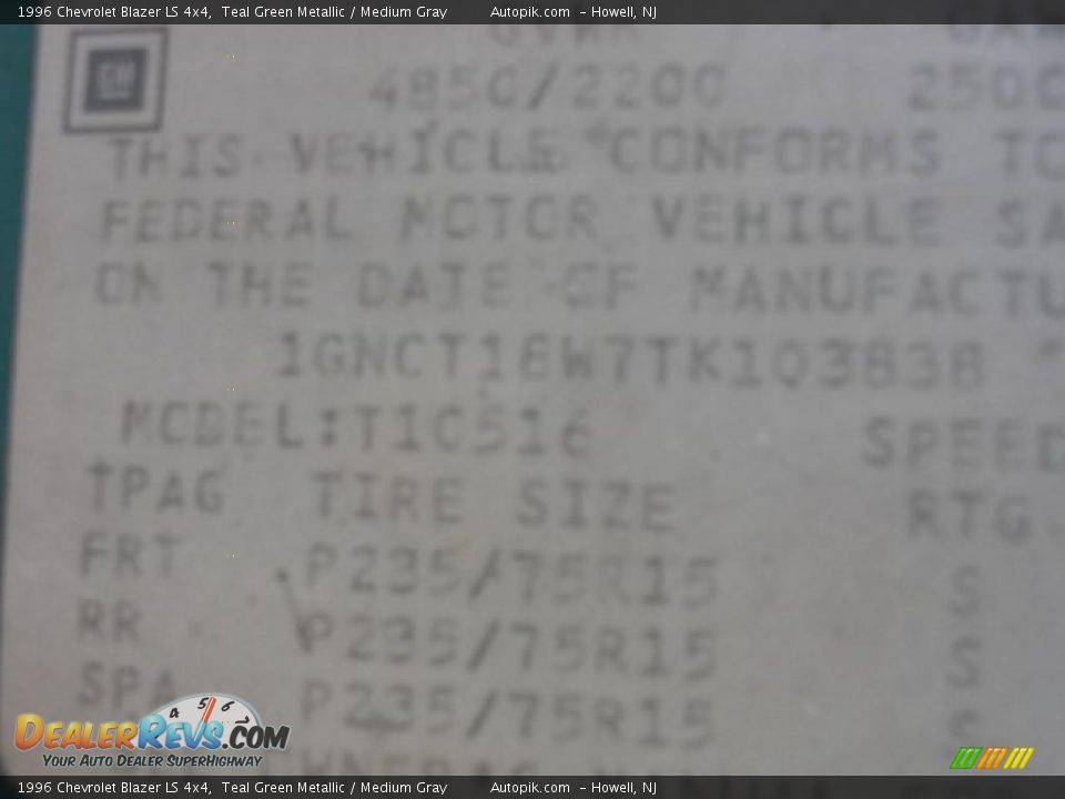 1996 Chevrolet Blazer LS 4x4 Teal Green Metallic / Medium Gray Photo #14