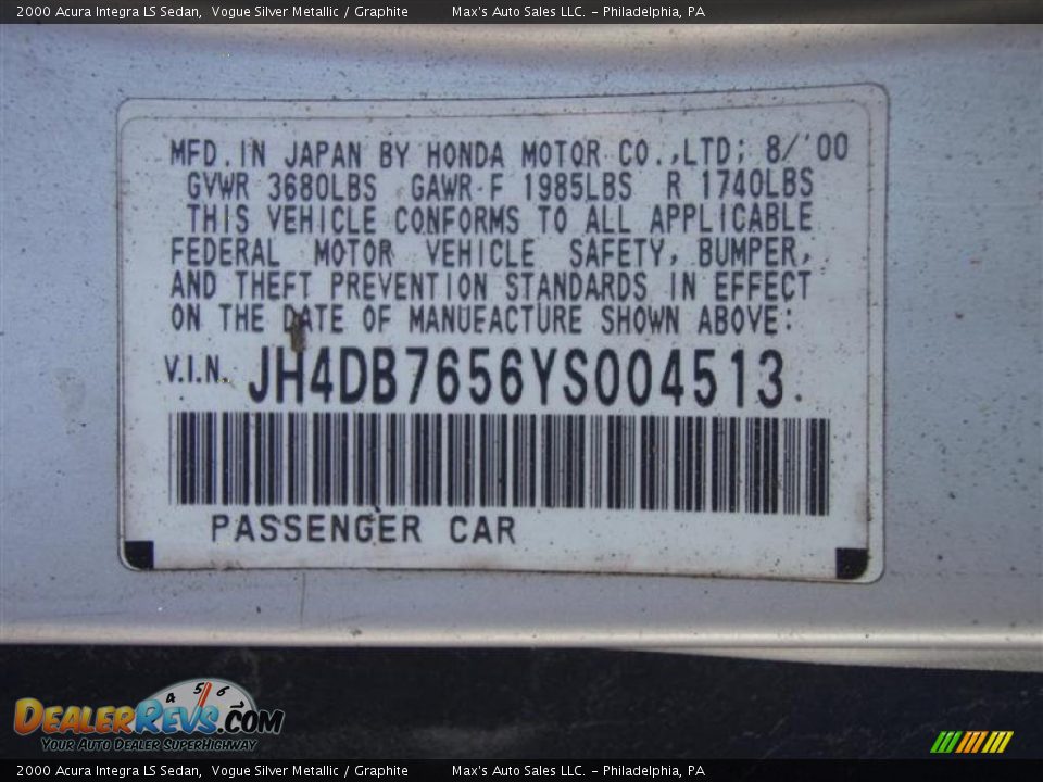 2000 Acura Integra LS Sedan Vogue Silver Metallic / Graphite Photo #25