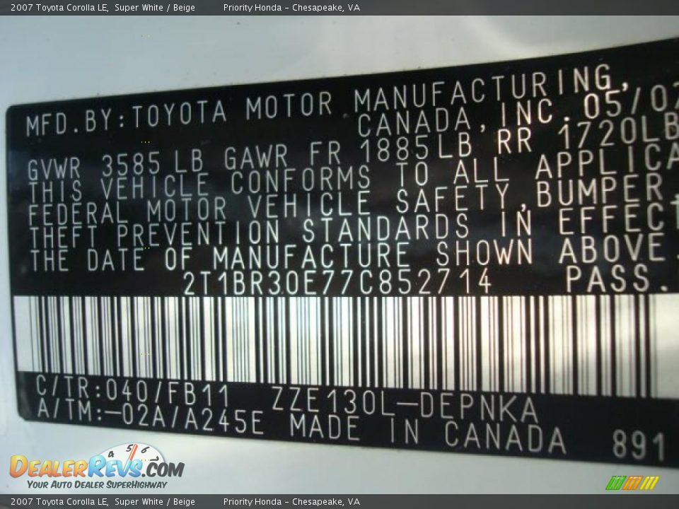 2007 Toyota Corolla LE Super White / Beige Photo #20