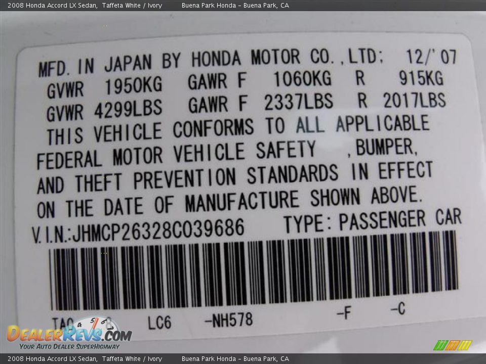 2008 Honda Accord LX Sedan Taffeta White / Ivory Photo #33