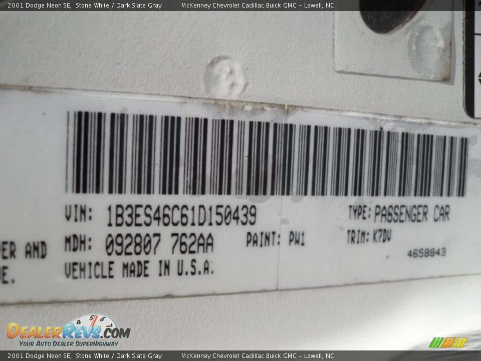 2001 Dodge Neon SE Stone White / Dark Slate Gray Photo #6