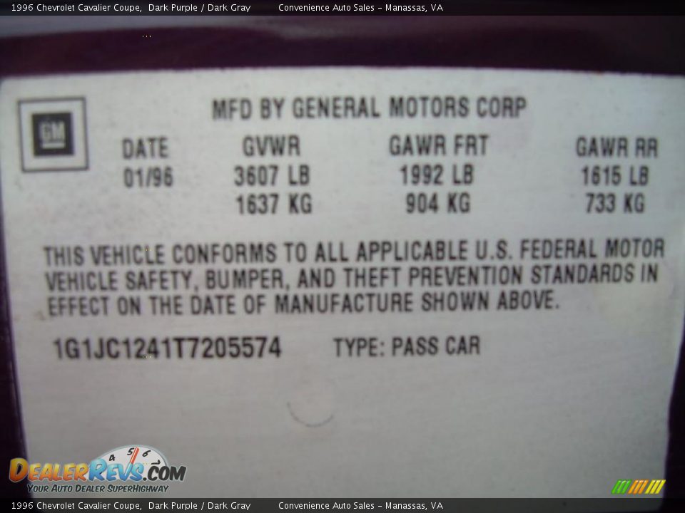 1996 Chevrolet Cavalier Coupe Dark Purple / Dark Gray Photo #10