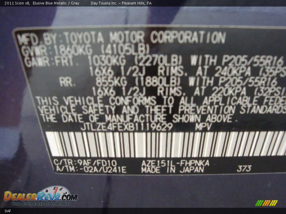 Scion Color Code 9AF Elusive Blue Metallic