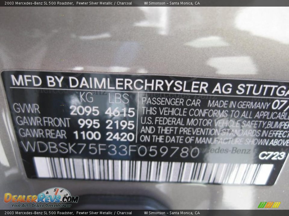 2003 Mercedes-Benz SL 500 Roadster Pewter Silver Metallic / Charcoal Photo #25