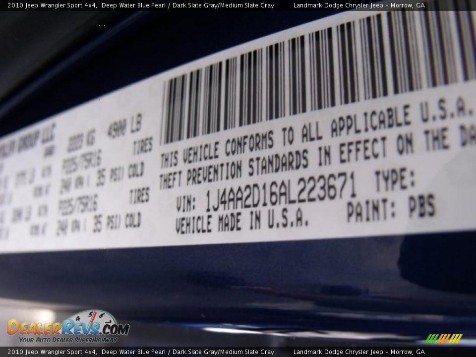 2010 Jeep Wrangler Sport 4x4 Deep Water Blue Pearl / Dark Slate Gray/Medium Slate Gray Photo #15