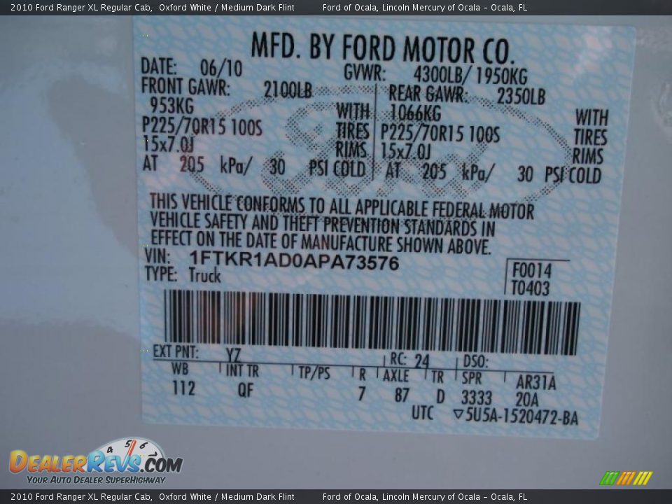 2010 Ford Ranger XL Regular Cab Oxford White / Medium Dark Flint Photo #11
