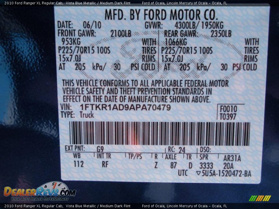 2010 Ford Ranger XL Regular Cab Vista Blue Metallic / Medium Dark Flint Photo #11