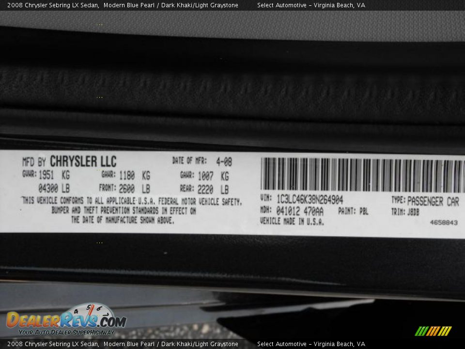 2008 Chrysler Sebring LX Sedan Modern Blue Pearl / Dark Khaki/Light Graystone Photo #17