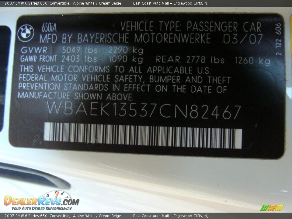 2007 BMW 6 Series 650i Convertible Alpine White / Cream Beige Photo #16