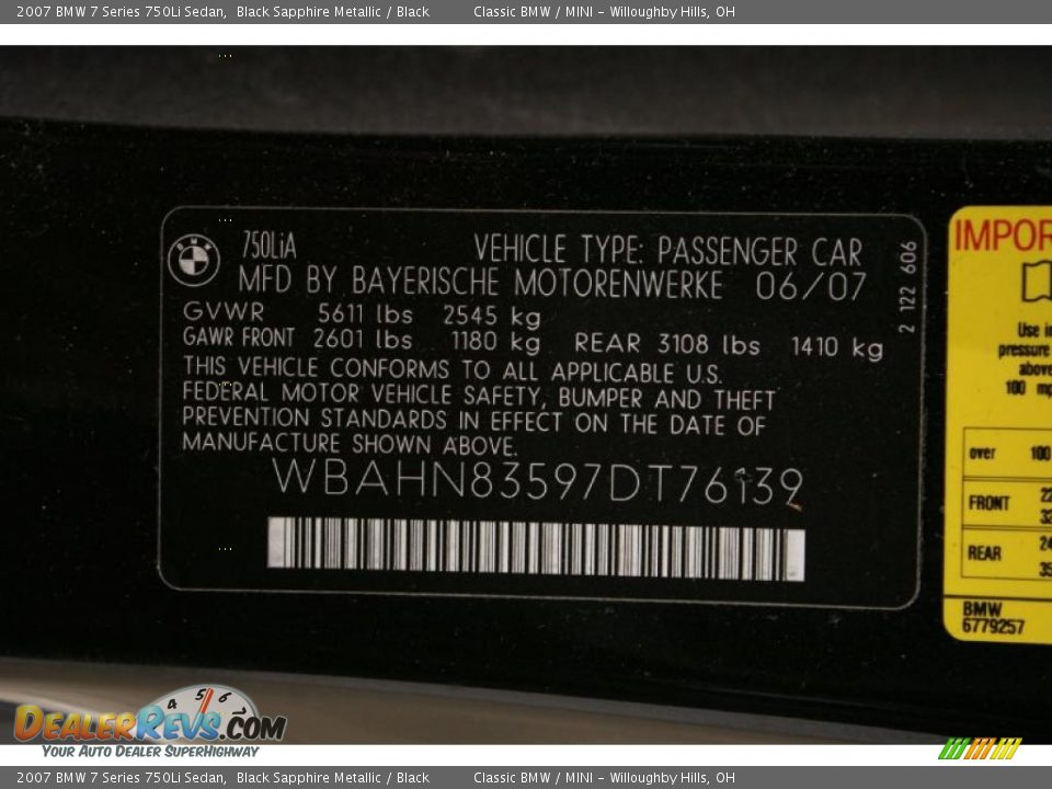 2007 BMW 7 Series 750Li Sedan Black Sapphire Metallic / Black Photo #31