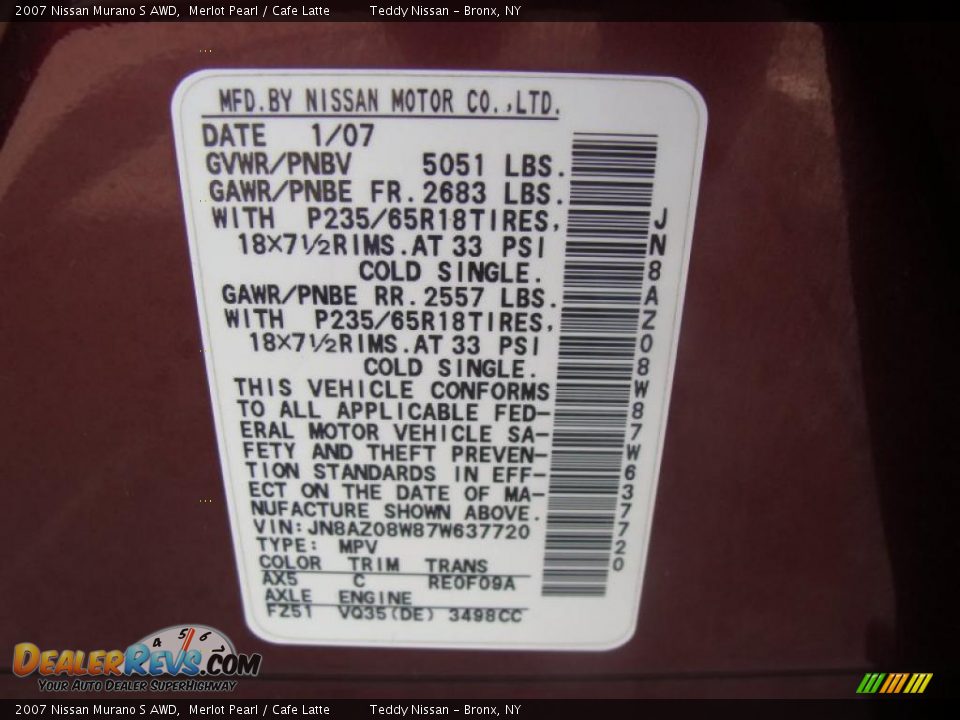 2007 Nissan Murano S AWD Merlot Pearl / Cafe Latte Photo #27