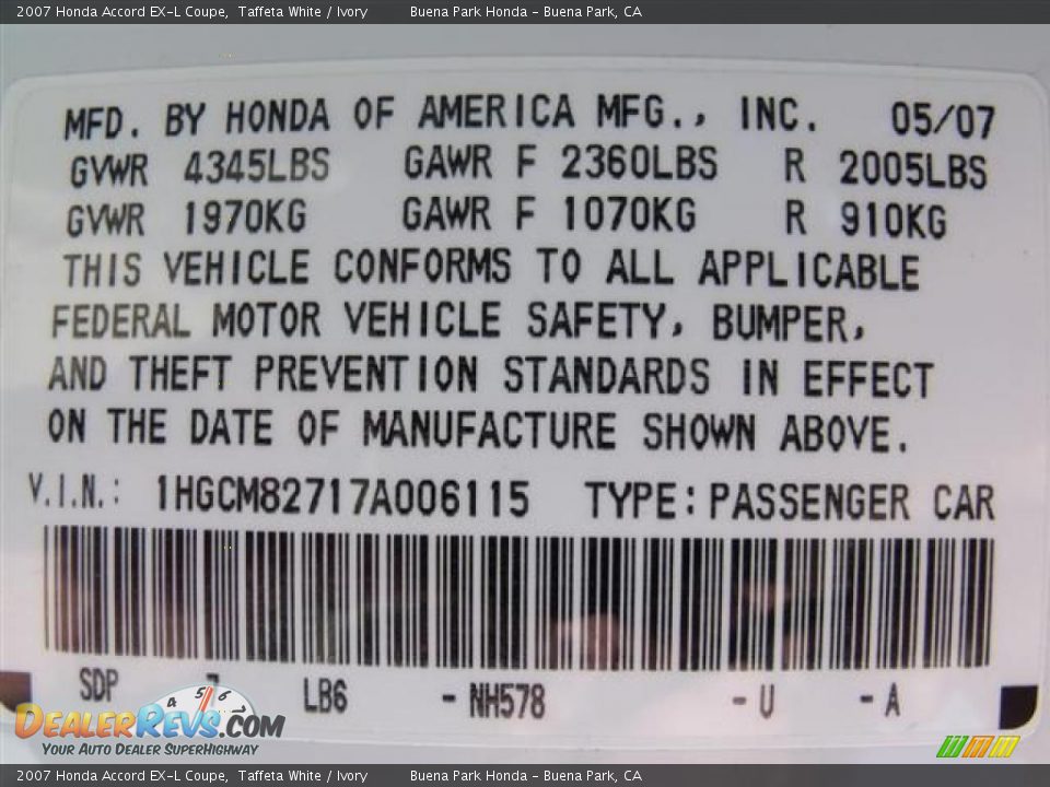 2007 Honda Accord EX-L Coupe Taffeta White / Ivory Photo #32