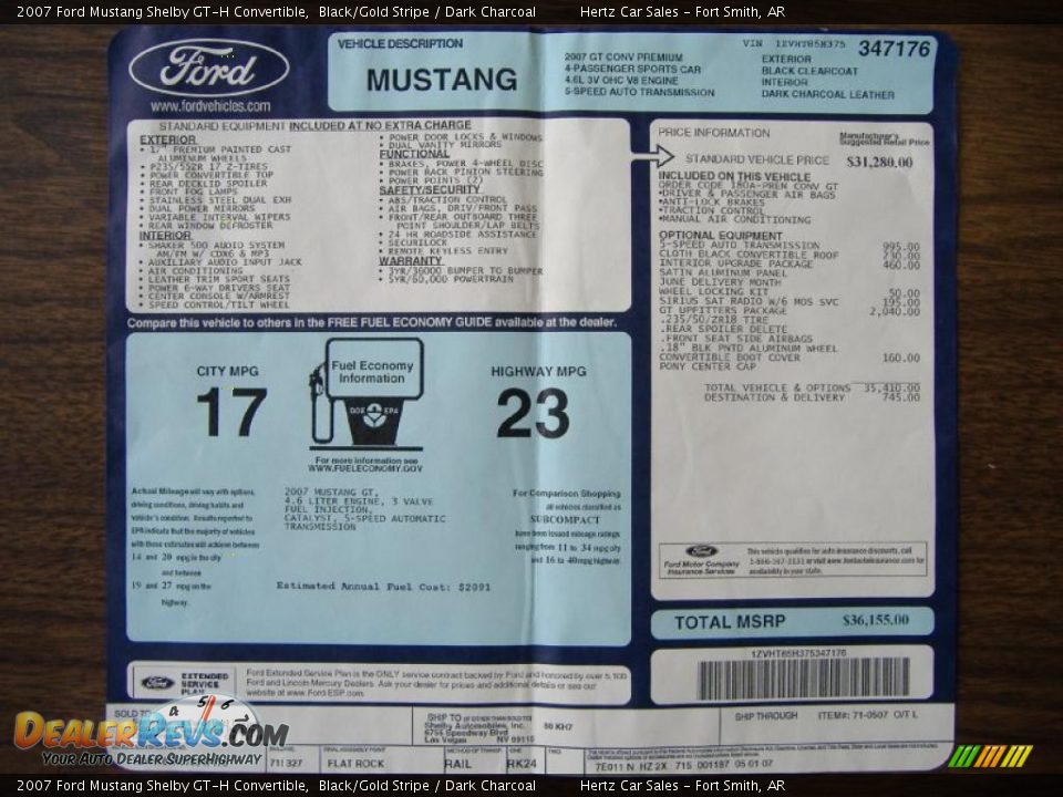 2007 Ford Mustang Shelby GT-H Convertible Window Sticker Photo #32