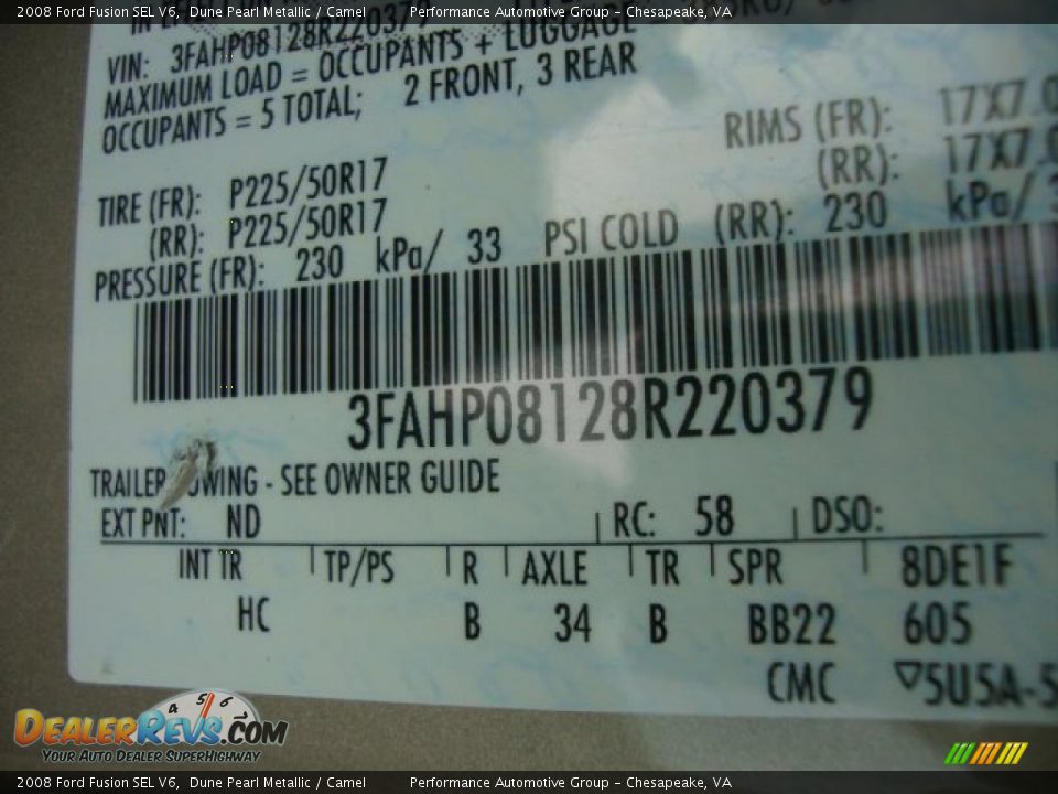 2008 Ford Fusion SEL V6 Dune Pearl Metallic / Camel Photo #23