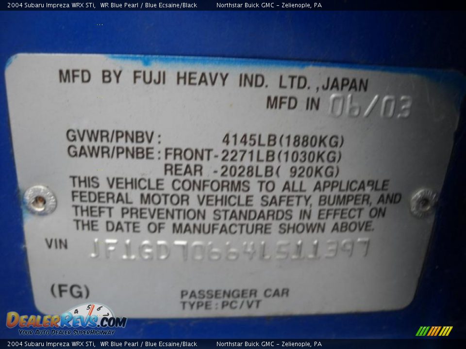 2004 Subaru Impreza WRX STi WR Blue Pearl / Blue Ecsaine/Black Photo #12