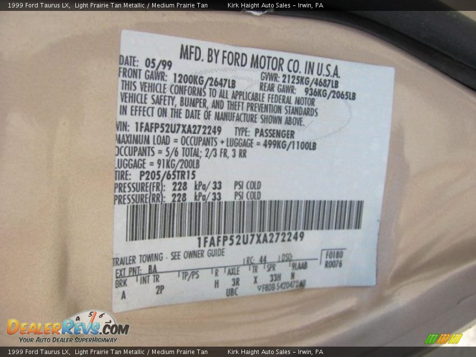 1999 Ford Taurus LX Light Prairie Tan Metallic / Medium Prairie Tan Photo #20