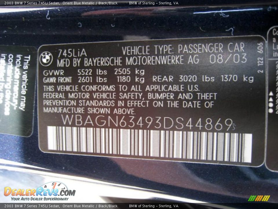 2003 BMW 7 Series 745Li Sedan Orient Blue Metallic / Black/Black Photo #17