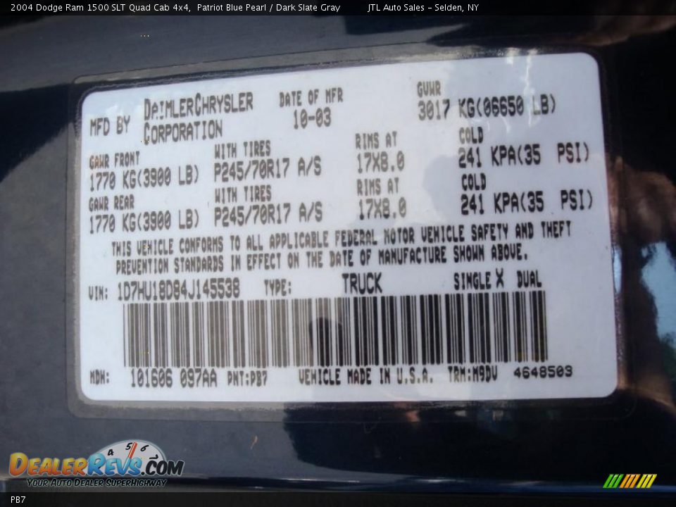 Dodge Color Code PB7 Patriot Blue Pearl