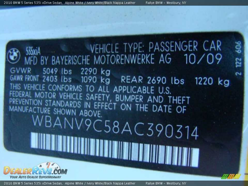 2010 BMW 5 Series 535i xDrive Sedan Alpine White / Ivory White/Black Nappa Leather Photo #15