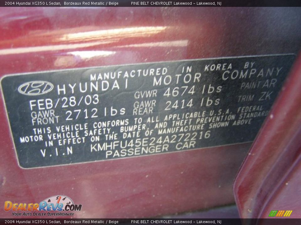 2004 Hyundai XG350 L Sedan Bordeaux Red Metallic / Beige Photo #11