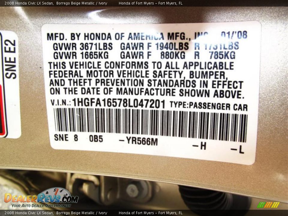 2008 Honda Civic LX Sedan Borrego Beige Metallic / Ivory Photo #20