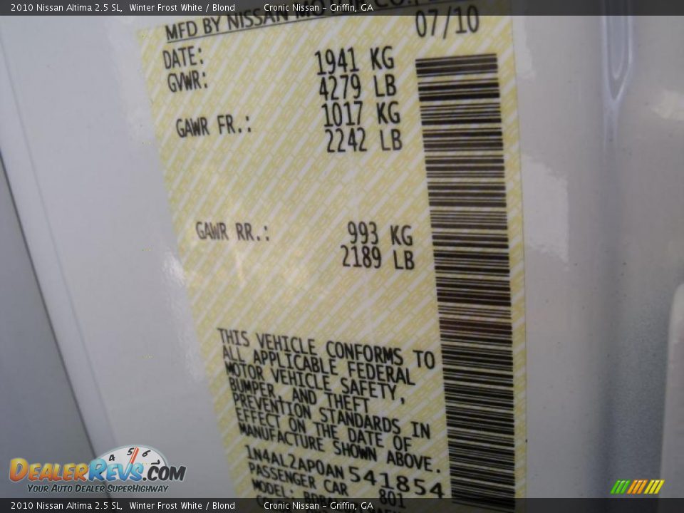 2010 Nissan Altima 2.5 SL Winter Frost White / Blond Photo #20