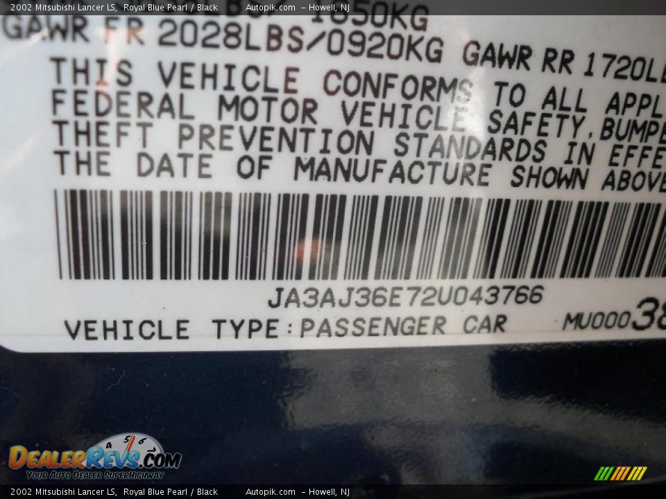 2002 Mitsubishi Lancer LS Royal Blue Pearl / Black Photo #15