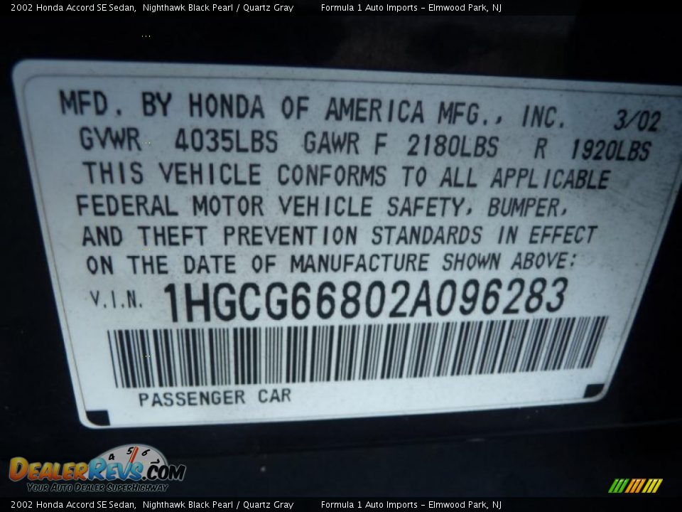 2002 Honda Accord SE Sedan Nighthawk Black Pearl / Quartz Gray Photo #14