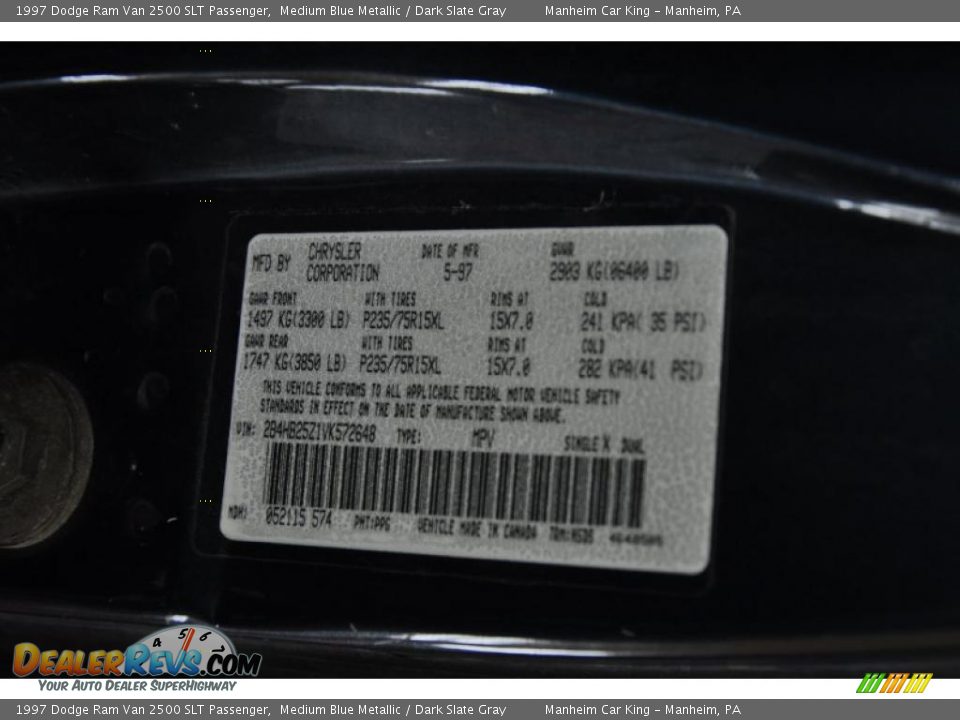 1997 Dodge Ram Van 2500 SLT Passenger Medium Blue Metallic / Dark Slate Gray Photo #11