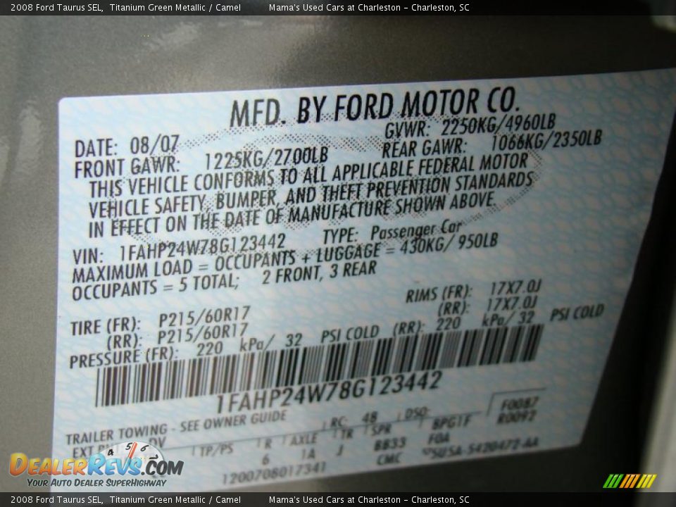 2008 Ford Taurus SEL Titanium Green Metallic / Camel Photo #26