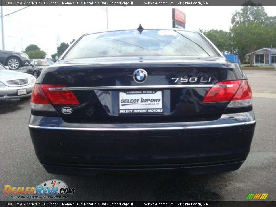 2006 BMW 7 Series 750Li Sedan Monaco Blue Metallic / Dark Beige/Beige III Photo #5