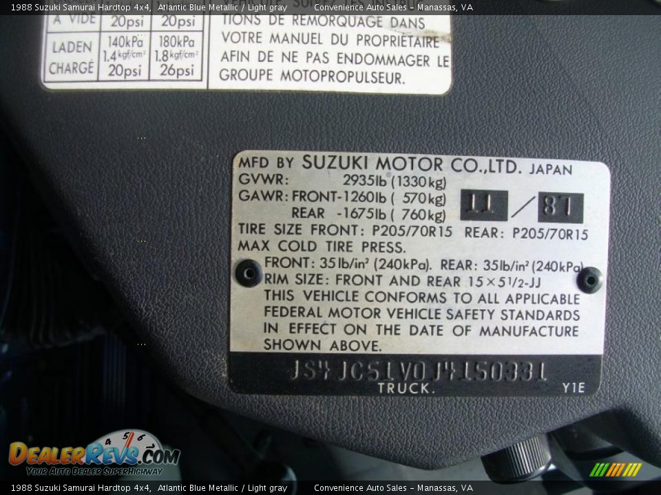 1988 Suzuki Samurai Hardtop 4x4 Atlantic Blue Metallic / Light gray Photo #12