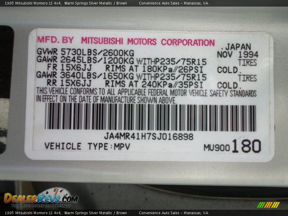 1995 Mitsubishi Montero LS 4x4 Warm Springs Silver Metallic / Brown Photo #11