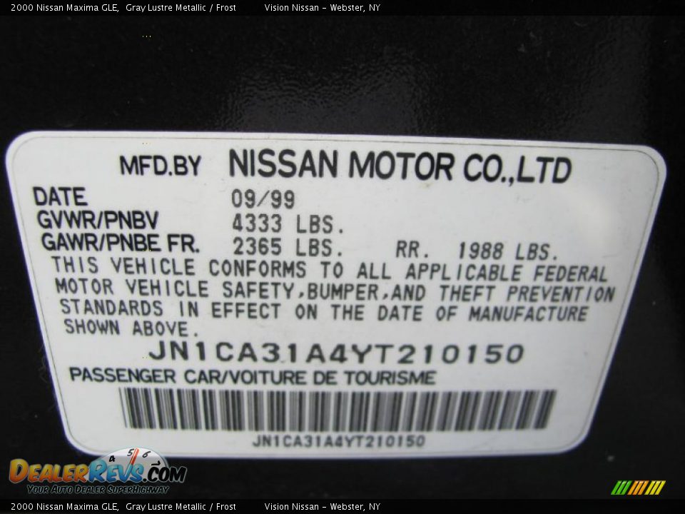 2000 Nissan Maxima GLE Gray Lustre Metallic / Frost Photo #25
